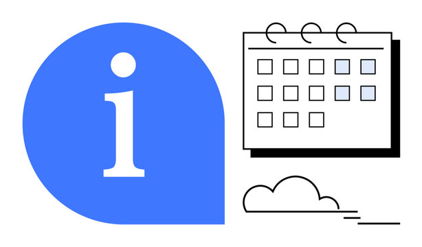 Blue information icon beside a calendar grid and a cloud. Ideal for scheduling, organization, events, reminders, time management, education, customer support. A simple flat metaphor