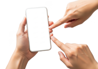 Hands interacting with a blank smartphone screen for app development or ui design concepts transparent background