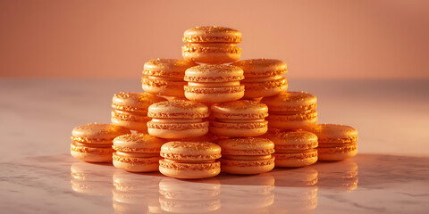 Pyramid of orange macarons neatly stacked on marbled surface with soft warm inviting lighting