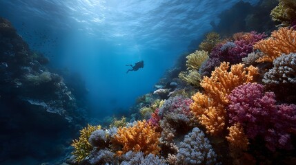 Obraz premium A scuba diver explores a vibrant coral reef in the deep blue ocean