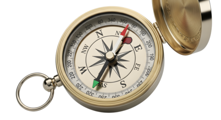 Antique brass pocket compass with a detailed dial and a silver ring isolated on transparent background