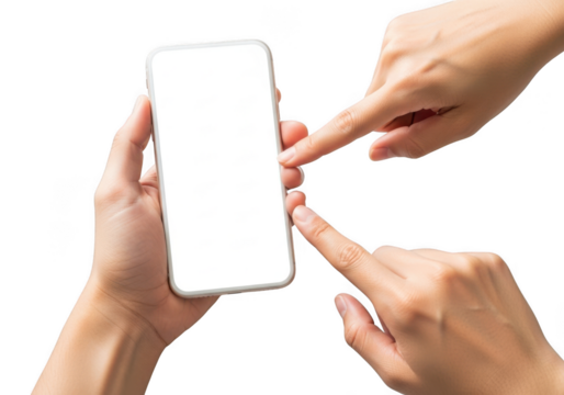 Hands interacting with a blank smartphone screen for app development or ui design concepts transparent background