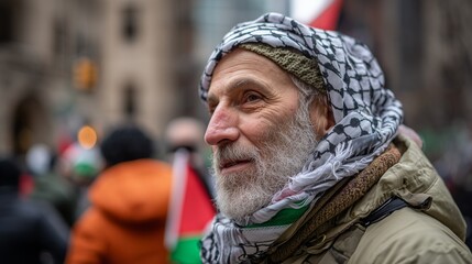 A man wearing a traditional scarf stands among a large crowd at a rally advocating for Palestine. The passionate crowd holds flags and speaks out for justice and awareness.