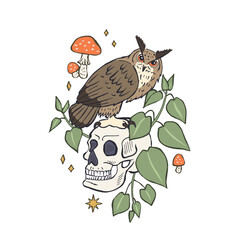 Hand drawn owl sitting on skull with nettles and mushrooms isolated on white background