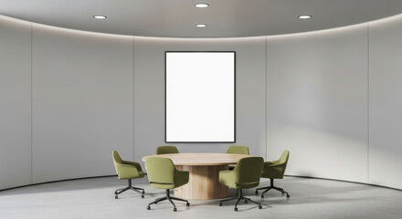 Modern conference room with minimalist design and green chairs for collaborative meetings