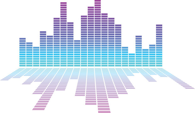 Vibrant blue and purple equalizer bars on white background create a modern digital music wave illustration. Abstract sound spectrum design symbolizing rhythm, motion, and frequency. Ideal visual for a