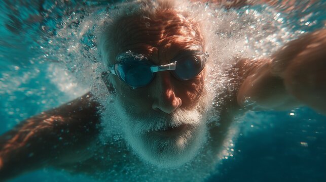 An older gentleman is swimming underwater, using a freestyle stroke while bubbles surround him in the pool. The older gentleman's movement creates a dynamic scene filled with water