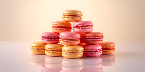 Pyramid of pink and orange macarons on reflective surface against soft beige background elegant colorful