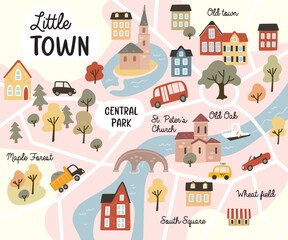 Cartoon childish city print, map texture. Vector children pattern with town symbols, elements, cars, houses, buildings, trees, streets. Maze, labyrinth for children with way passing through the city. 