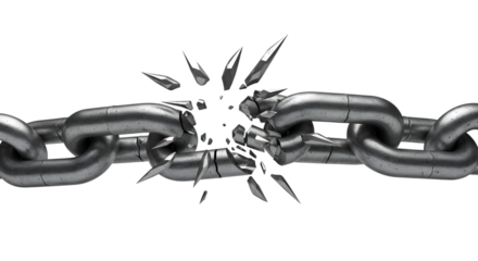 Close up of a heavy metal chain breaking apart with sharp fragments flying outwards isolated on transparent background
