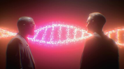 Two Business Professionals or Scientists Analyzing Glowing Red DNA Hologram in Dark Room - Powered by Adobe