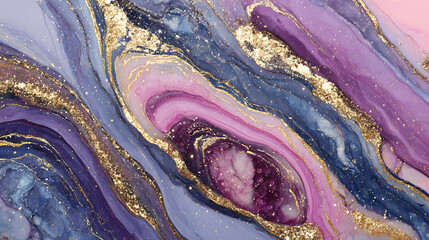 Swirling violet pink and blue abstract with gold glitter veins marble agate