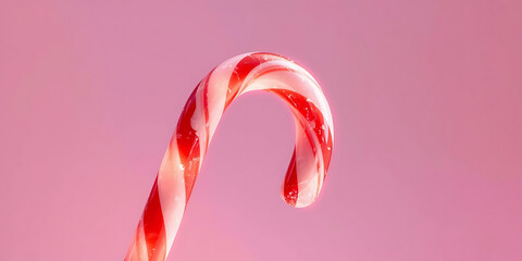 Red and white candy cane with curved top against soft pink background festive cheerful holiday