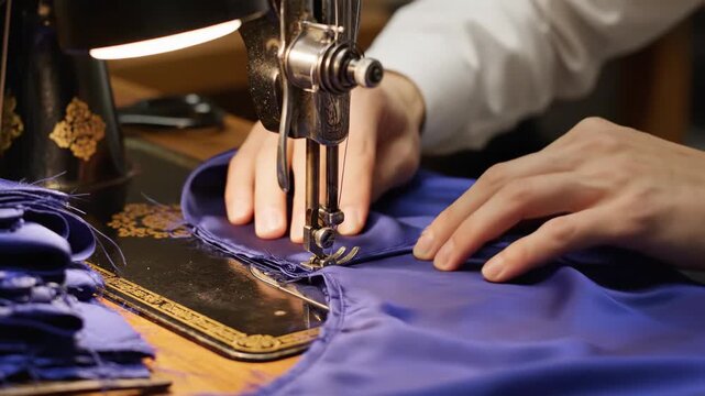 Person operating vintage sewing machine with purple fabric