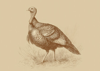 Turkey, sketch. Vintage retro print, turkey sketch ink pencil style drawing, linear drawing for Thanksgiving Day, engrave old school. Sketch artwork silhouette turkey. Side view profile. Illustration