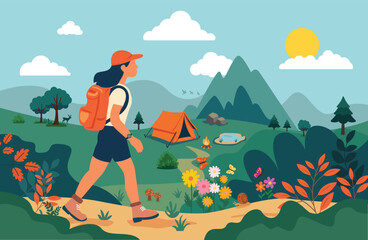Camping scene, Mountain Trail Camping Adventure, vector design