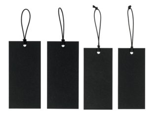 Four black tags with black strings