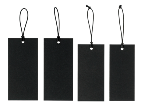 Four black tags with black strings