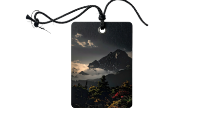 Tag shows misty mountain, evergreens, moody sky