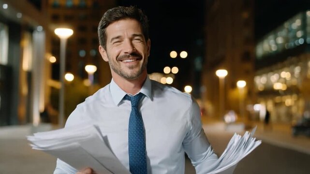 Successful Professional's Urban Stroll: A confident individual, holding important documents, strides through the city streets at night, a beacon of determination.
