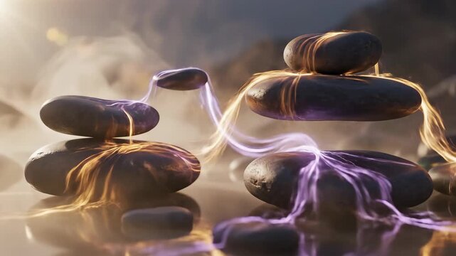 Stacked smooth stones exhibiting mystical glowing energy in misty setting