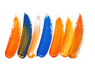 Brushstrokes of blue, orange, and white