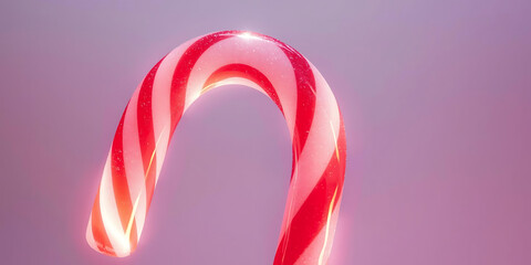 Red and white striped candy cane curving against soft purple background festive nostalgic holiday feel