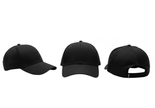Three black baseball caps displayed from different angles isolated transparent background