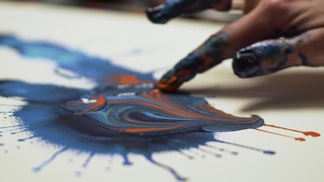 Finger painting demonstration: Abstract art creation using colorful paint and fingers on a canvas