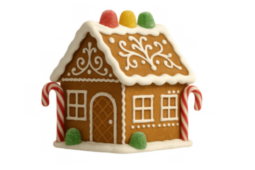 Gingerbread house decorated with candy canes, colorful gumdrops, and white icing on a transparent background, depicting holiday joy