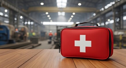 Red first aid kit ready for emergencies in factory, promotes safety at work, protects workers, ensures quick medical response, and offers peace of mind