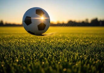 Soccer ball on green grass field outdoor activity sports equipment football game playing training competition match sun rising sunshine 160c