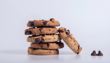 Stack of Chocolate Chip Cookies on White Background with Chocolate Drops