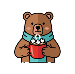 Adorable bear enjoying hot chocolate with marshmallows on a chilly day