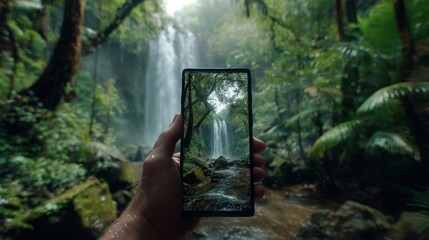 A man stands in the lush jungle, holding a smartphone that displays a stunning waterfall scene. The waterfall captivates the man as he enjoys the natural beauty surrounding him.