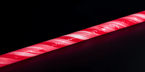 Close-up red and white striped candy cane glistening against dark shadowy background festive sweet