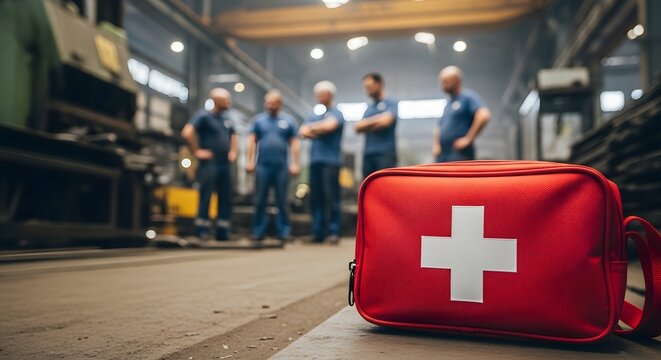 Safety first red first aid kit on factory floor ensures worker health and wellness, reflecting proactive safety management and OSHA compliance