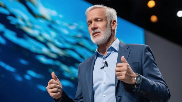 Dynamic Presentation: An experienced presenter, exudes confidence and charisma as he addresses an audience, dressed in a sharp suit. captured the essence of leadership and influence