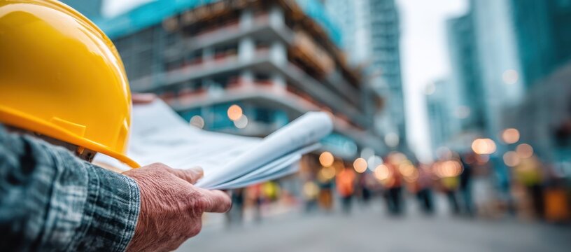 A construction worker wearing a yellow helmet is holding a piece of paper - Powered by Adobe