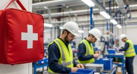 Safety first in manufacturing plant with workers and first aid kit for emergencies, promoting workplace well being and protection, healthy work environment