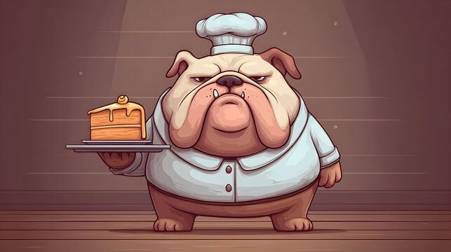 Bulldog Chef Cartoon Character Holding Cake Slice on Tray.