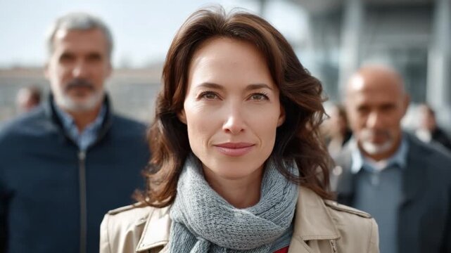 Confident Stance: A poised woman, radiating self-assurance, confidently navigates a bustling cityscape with determination, as figures blur behind her, emphasizing her focus.