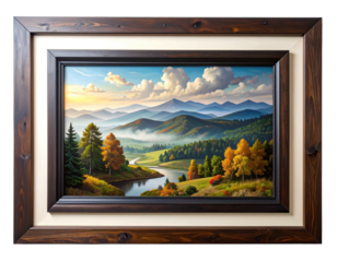 Framed landscape painting of mountains, forest, and river