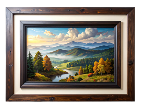 Framed landscape painting of mountains, forest, and river - Powered by Adobe