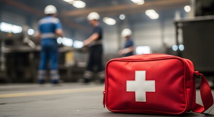 Safety first workers with hardhats in background and first aid kit in foreground promoting workplace health and safety procedures in industrial factory