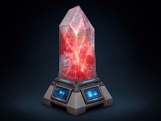 A glowing red power crystal mounted on a futuristic metallic pedestal with illuminated control panels projecting soft blue light against a dark sci-fi backdrop