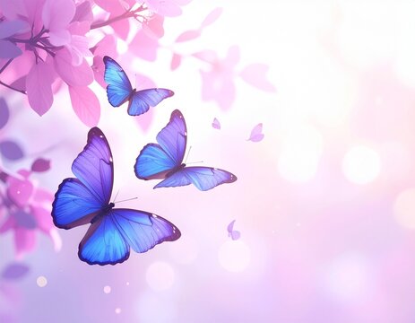 Blue butterflies flying in soft pink floral background, generative AI illustration