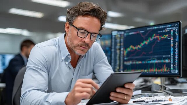 The Trader's Analysis: A focused professional, clad in glasses and light shirt, meticulously analyzes financial data on a digital tablet.