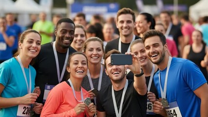 Group of marathon runners taking a selfie after race with medals and bib numbers