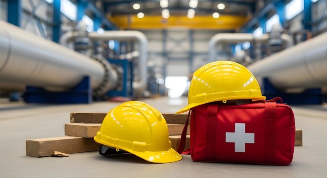 Safety first: Yellow hard hats and first aid kit in industrial plant setting, ready for work and emergency situations